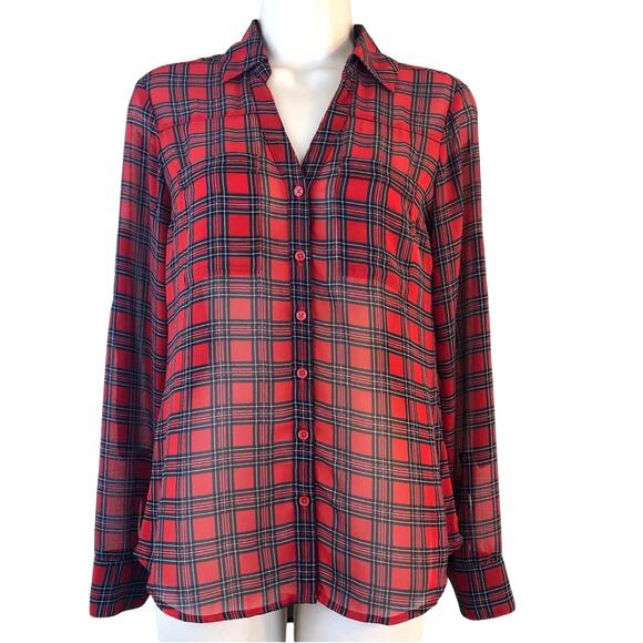 Express Red Black Tartan Plaid Portofino Button Front Blouse Notched V Neck - Picture 1 of 16